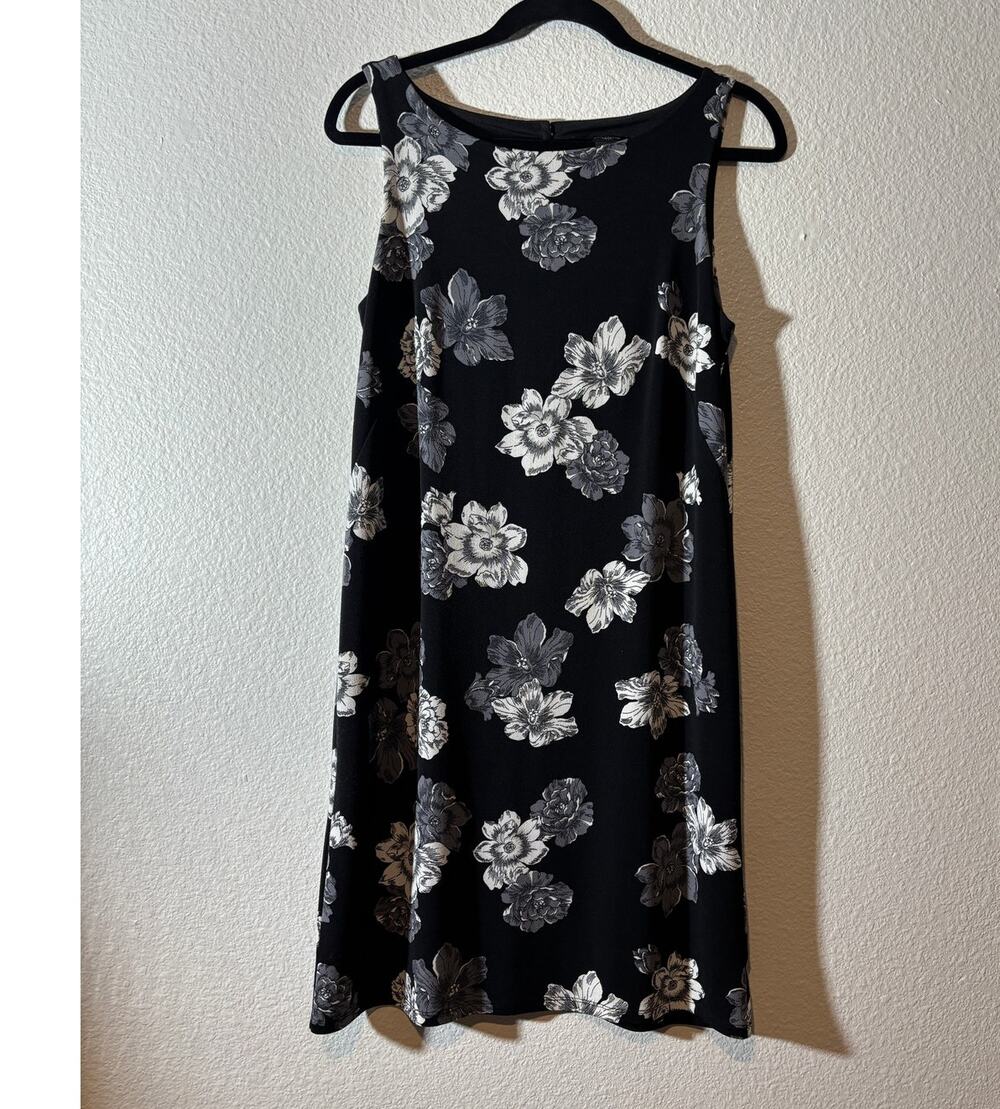 Ann Taylor Size S Petite Black Gray Floral Boat Neck Bateau Sleeveless Dress